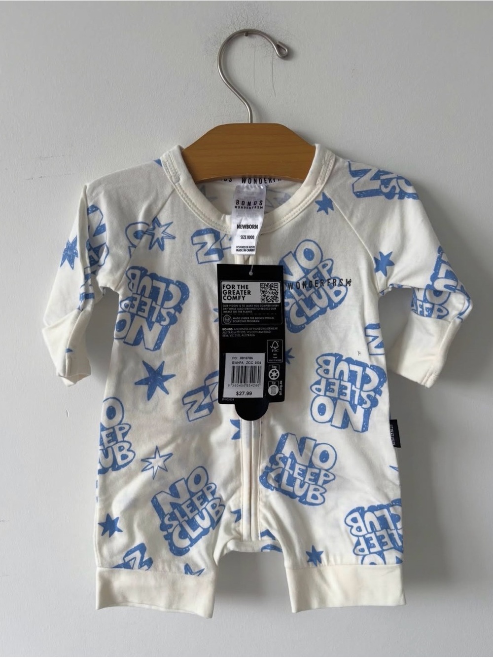 Bonds White One-Piece with Blue "No Sleep Club" Print
